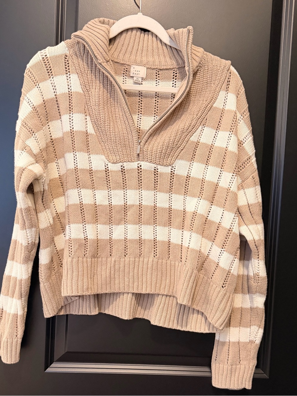 a new day Beige & White Striped Half-Zip Turtleneck Sweater